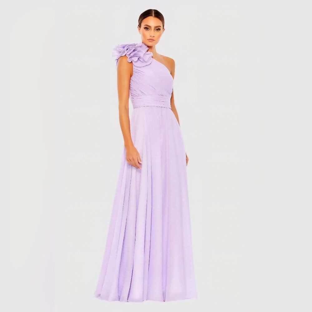 Mac Duggal Lilac Polka Dot Ruffled One Shoulder Gown, Size 4
